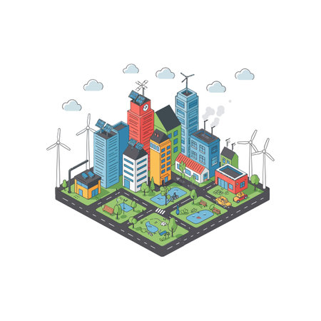 This image transitions from a traditional cityscape to an eco-friendly urban environment highlighting renewable energy sources.のイラスト素材