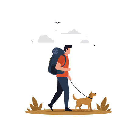 The scene transitions from walking to resting, showcasing the bond between the man and his dog.のイラスト素材
