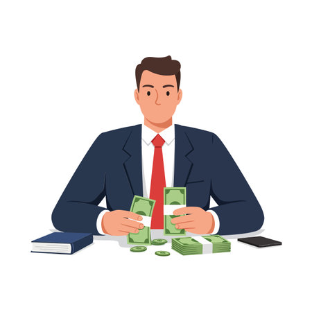 The first frame shows a businessman with cash, while the second frame emphasizes his focused expression.のイラスト素材