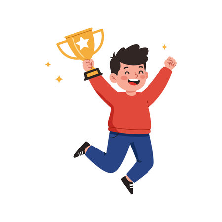 The child transitions from neutral to joyful, lifting the trophy in excitement and celebration.のイラスト素材