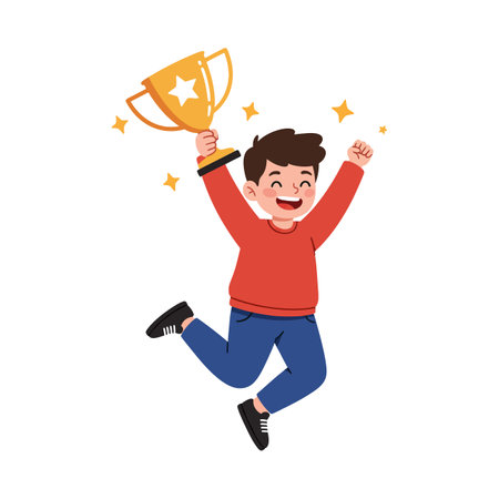 The child transitions from a neutral pose to an excited jump, proudly holding the trophy in celebration.のイラスト素材