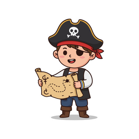 The pirate boys expression changes from curious to excited as he discovers the treasure maps details.のイラスト素材