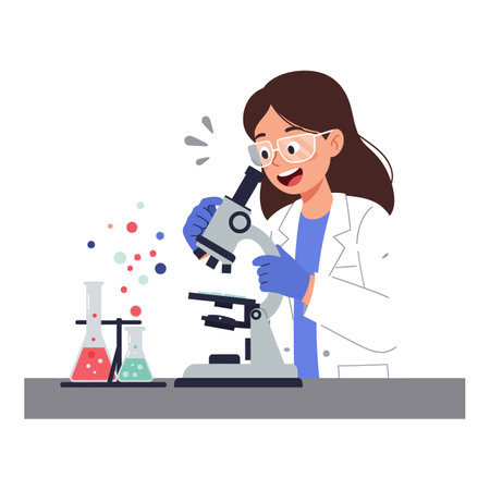 The scientist transitions from observing samples to actively analyzing them with excitement and focus.のイラスト素材