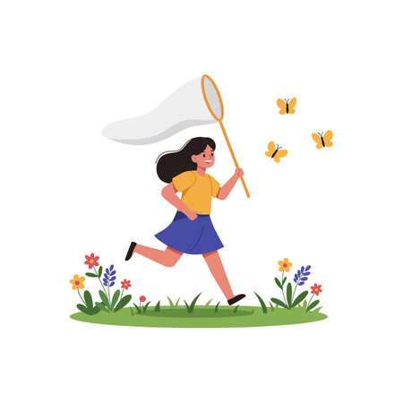 The first frame shows a girl preparing to catch butterflies, while the second shows her actively running.のイラスト素材