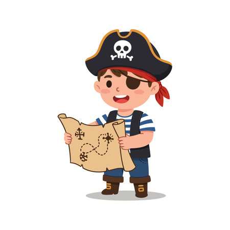The pirate boy transforms from a curious explorer to an eager treasure seeker with a vibrant map.のイラスト素材