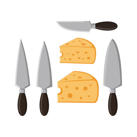The first frame shows whole cheese while the second frame features sliced cheese with knives.のイラスト素材