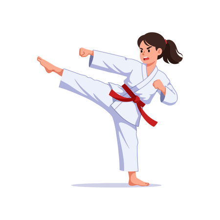 The first frame shows a poised stance, while the second frame captures the action of a high kick.のイラスト素材