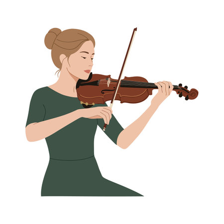The first frame captures a woman poised with a violin, transitioning to a more dynamic playing position.のイラスト素材