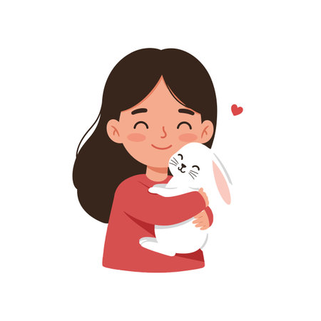 The girl expresses happiness while holding the rabbit, showingcasing love and companionship in a vibrant scene.のイラスト素材