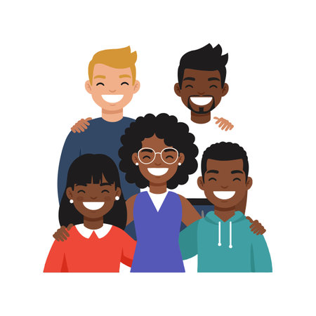 The image transitions from five friends posing together to a lively scene filled with joy.のイラスト素材