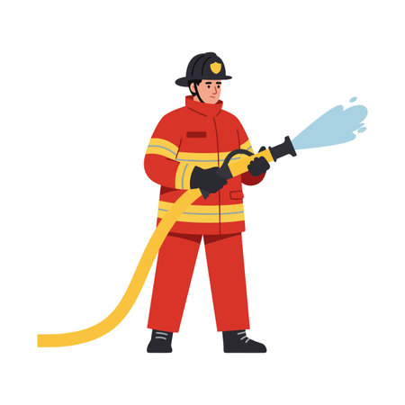 The firefighter transitions from standing still to actively spraying water from the hose.のイラスト素材