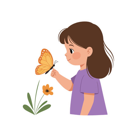 The girl gently reaches out to a butterfly, showing a moment of connection with nature.のイラスト素材