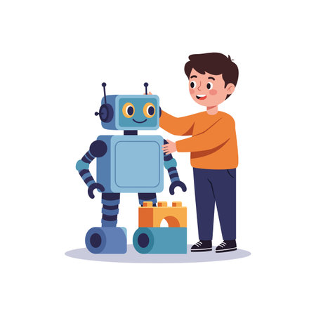 The child smiles while touching the robot, showing friendship and connection between technology and youth.のイラスト素材