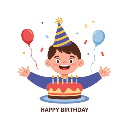 The child transitions from excitement to joy while celebrating with a birthday cake and balloons.のイラスト素材