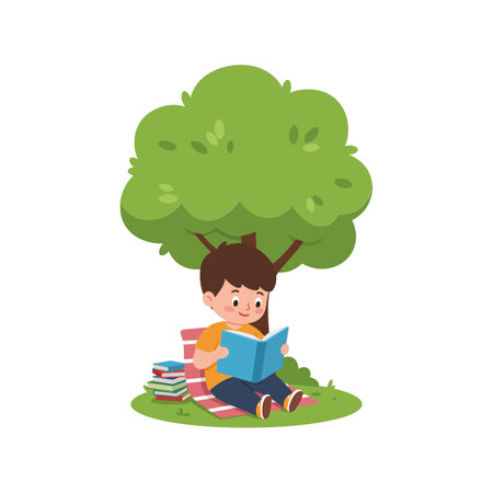 The boy transitions from sitting on the ground to leaning against the tree while reading.のイラスト素材