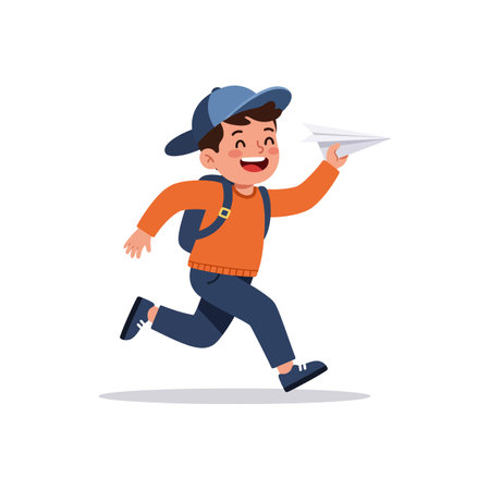 The child joyfully transitions from standing still to running while launching a paper airplane.のイラスト素材