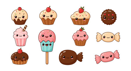 The image transitions from a variety of desserts to a single character showing a unique expression.のイラスト素材
