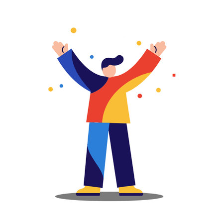 The character transitions from a neutral pose to a joyful celebration with raised arms and vibrant colors.のイラスト素材