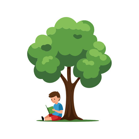 The boy moves from sitting to leaning against the tree.のイラスト素材