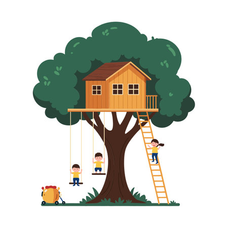 Children playing and interacting with the treehouse environmentのイラスト素材