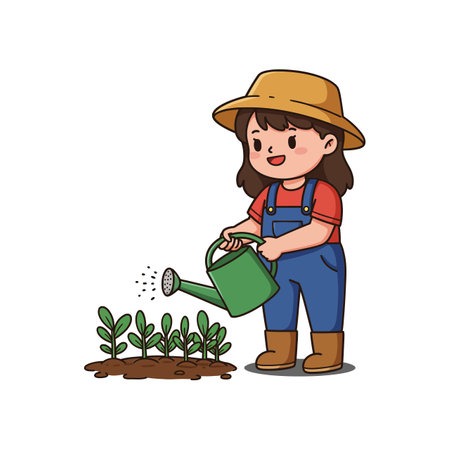 The girl joyfully waters the plants, showing growth and care for her garden in the second frame.のイラスト素材