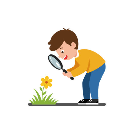 The boy examines a flower closely with curiosity.のイラスト素材