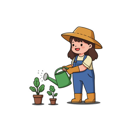 The gardener begins watering the smaller plant, showing growth and care in the second frame of the sequence.のイラスト素材