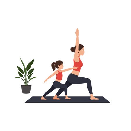 The first frame shows a mother teaching yoga, while the second frame depicts the daughter mimicking her pose.のイラスト素材