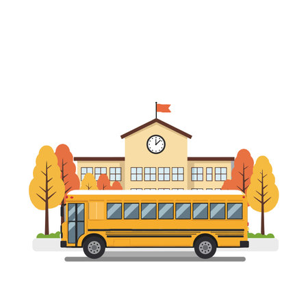 The first frame shows a bus arriving, while the second depicts it parked near the school.のイラスト素材