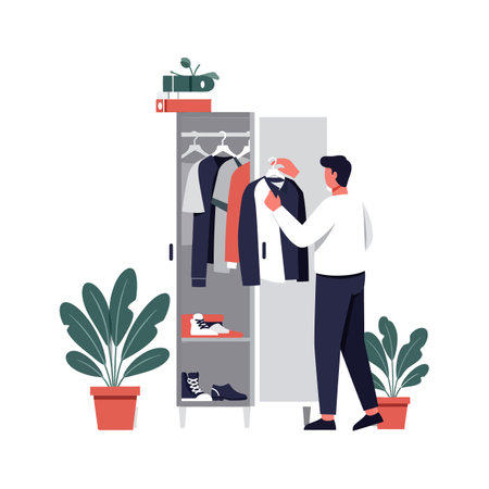 The individual selects clothing from the wardrobe, showing a neat and organized interior in the second frame.のイラスト素材
