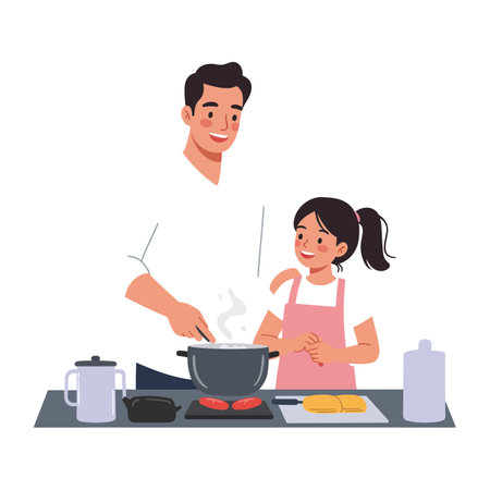 The first frame shows preparation, while the second highlights joyful engagement and shared cooking experience.のイラスト素材