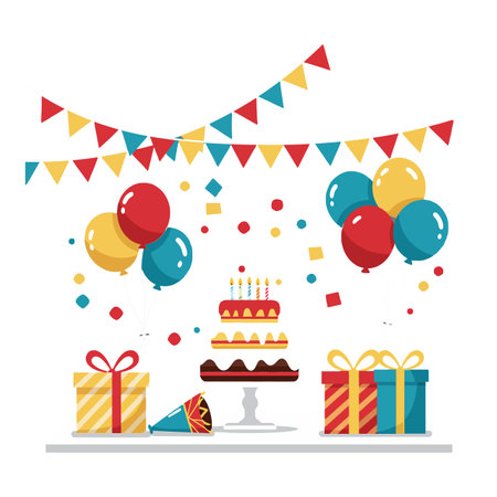 The second frame shows a lively birthday party with vibrant balloons, presents, and a beautifully decorated cake.のイラスト素材