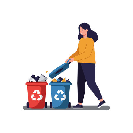 The first frame shows a full bin while the second frame displays the woman actively sorting waste.のイラスト素材