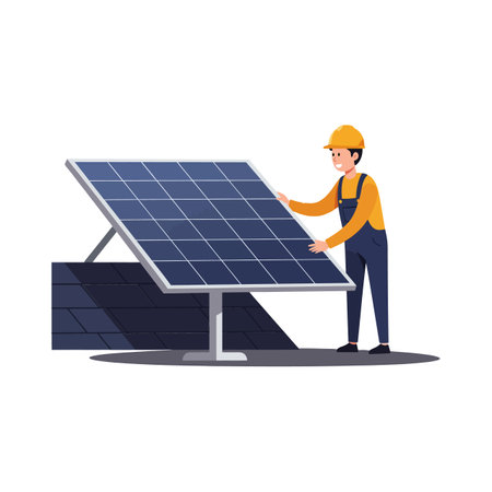 The worker moves closer to the solar panel, preparing for maintenance and ensuring efficient energy production.のイラスト素材