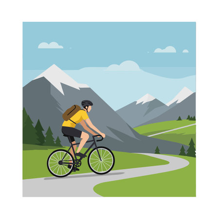 The cyclist moves through lush green hills and majestic mountains, showing a beautiful outdoor adventure.のイラスト素材