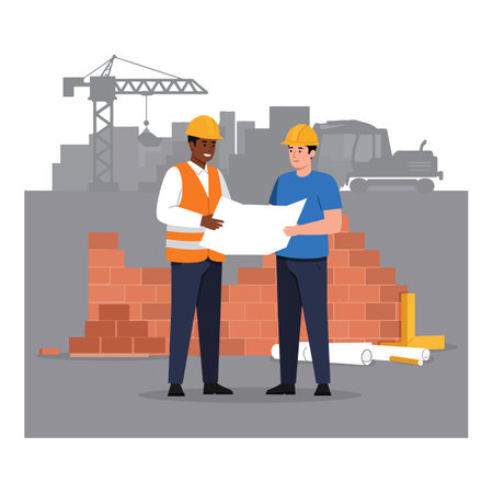 The first frame shows workers looking at blueprints, while the second frame shows them discussing ideas.のイラスト素材