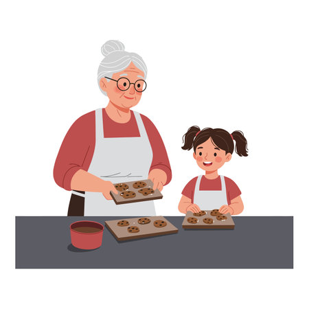The transition shows baking cookies with joyful expressions.のイラスト素材