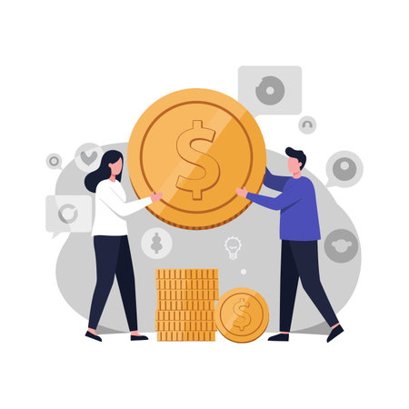 The first frame shows two people preparing to exchange a coin.のイラスト素材