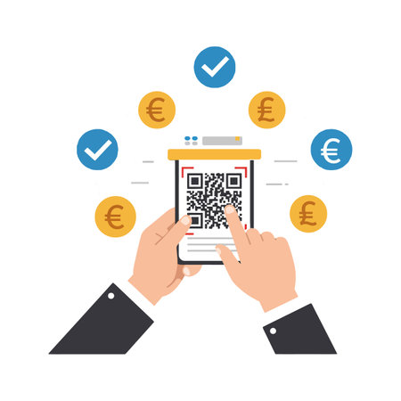 The smartphone scans a QR code while currency symbols appear.のイラスト素材
