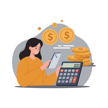 Woman shifts focus from calculator to smartphone for calculationsのイラスト素材