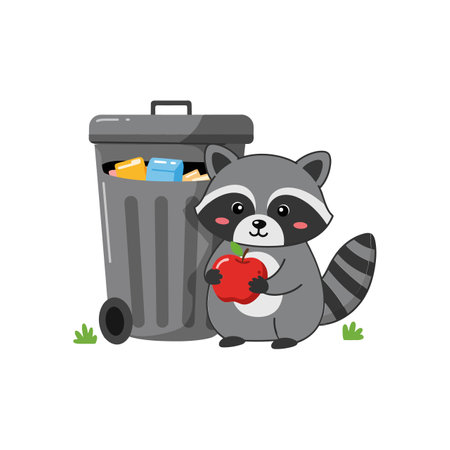 Raccoon changes from looking at trash to holding apple.のイラスト素材