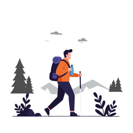 The change shows the hiker walking through scenic landscapes.のイラスト素材