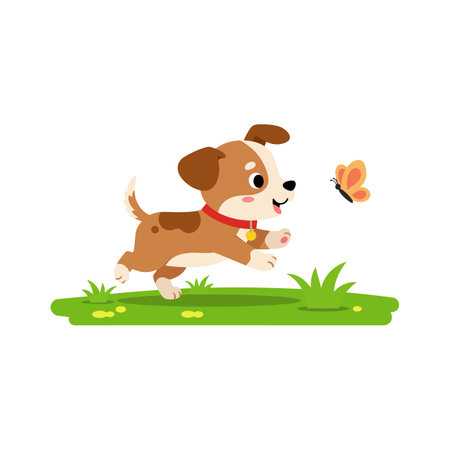 Puppy runs excitedly towards a fluttering butterflyのイラスト素材