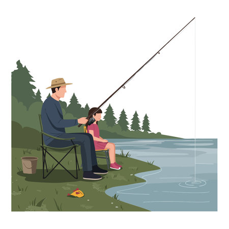 The scene transitions from waiting to catching a fish.のイラスト素材