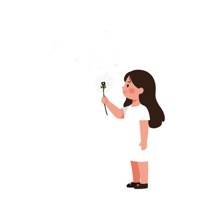 The girl releases dandelion seeds into the air joyfully.のイラスト素材