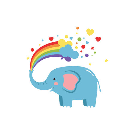 Elephant transforms vibrant rainbow into playful cloud shapes.のイラスト素材