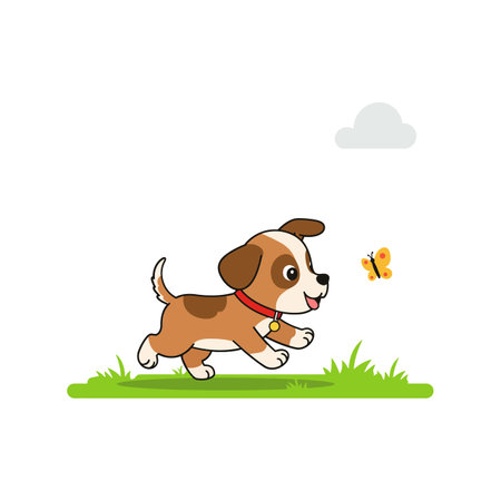 Puppy runs joyfully towards a butterfly in motion.のイラスト素材