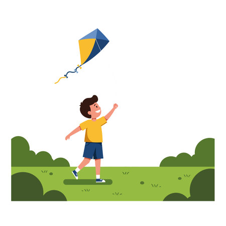 The kite ascends as the boy joyfully runs forward.のイラスト素材