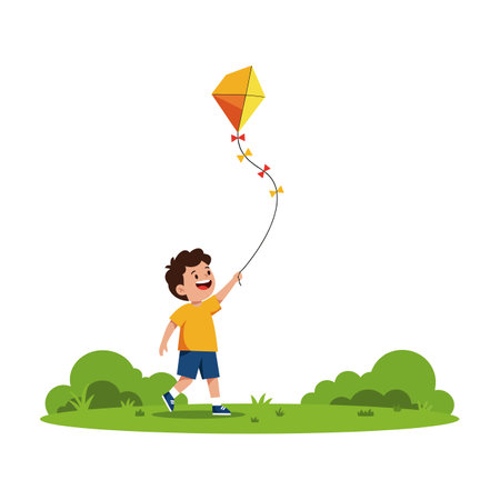 The child joyfully holds the kite string aloft.のイラスト素材