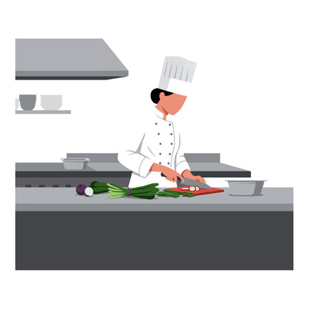 The chef is chopping vegetables on the countertop.のイラスト素材
